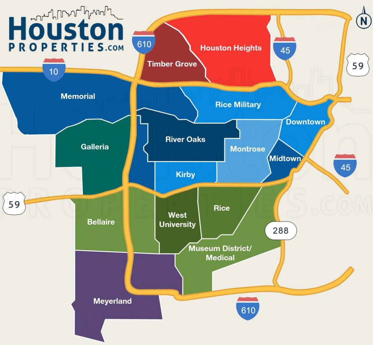 mapa čtvrtích Houstonu