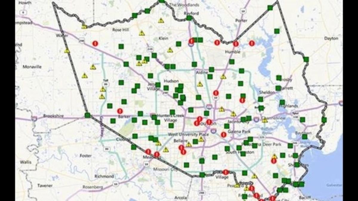 mapa zaplavených oblastech v Houstonu