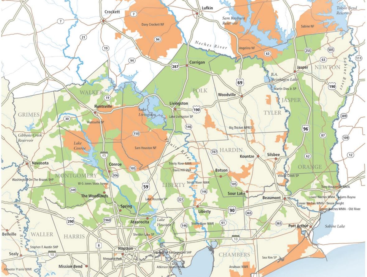 mapa sam Houston national forest