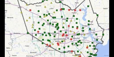 Mapa zaplavených oblastech v Houstonu